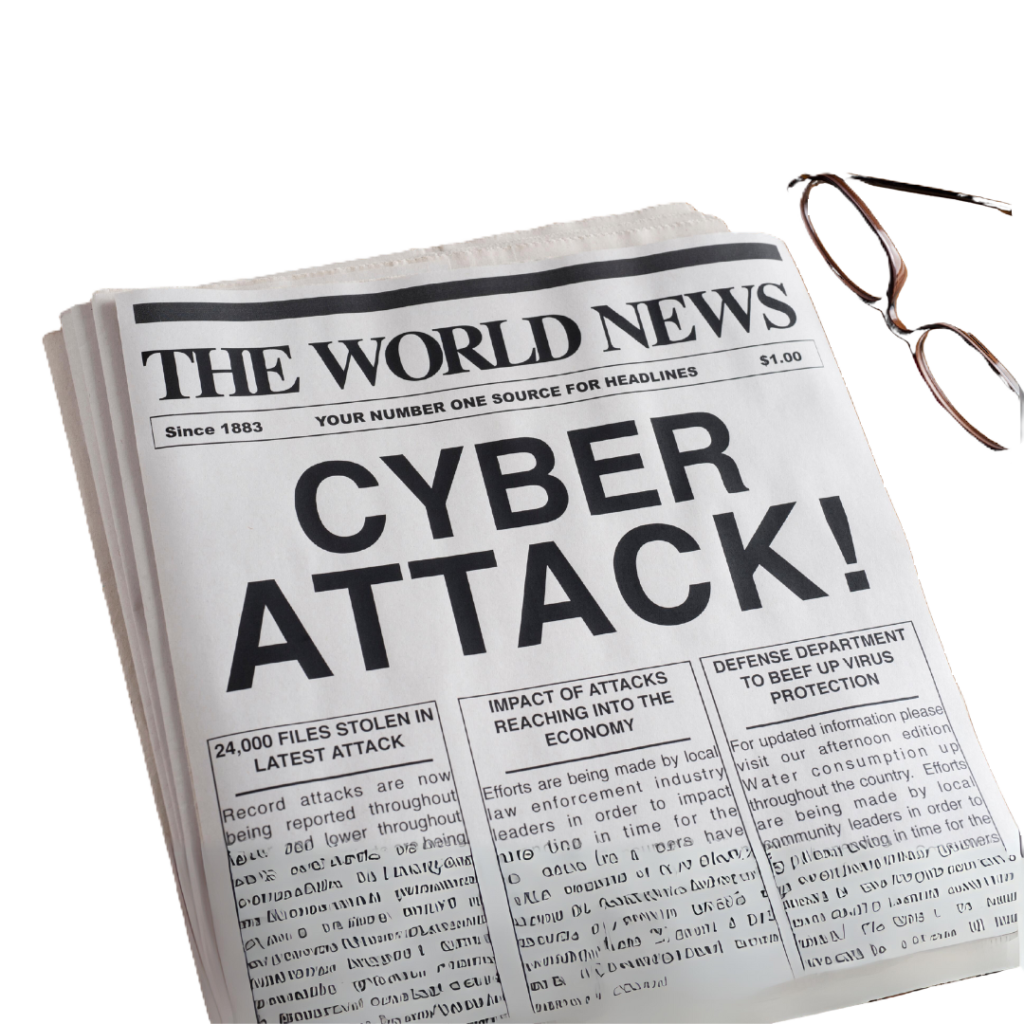Sicurezza offensiva newspaper Pagina di giornale che annuncia un attacco cyber così che il lettore possa mettere in atto pratiche di sicurezza offensiva