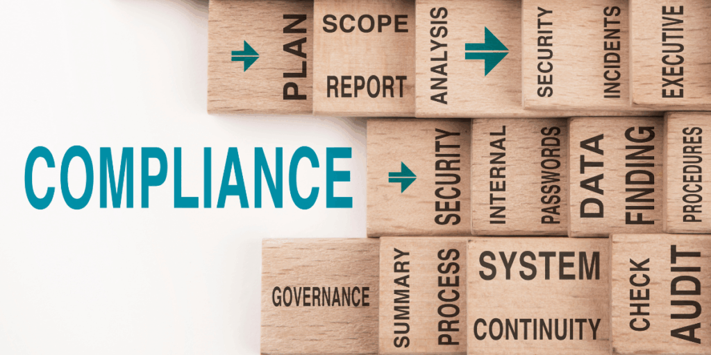 Concetto di compliance e cybersecurity aziendale con blocchi di legno che rappresentano governance, sicurezza, audit e continuità operativa — Direttiva NIS2 e piano di conformità