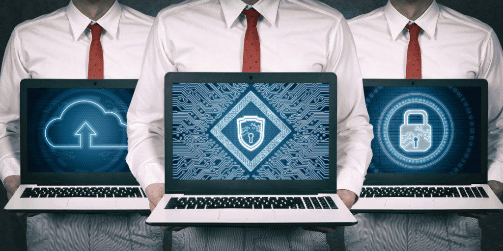 Professionisti della cybersecurity mostrano laptop con icone di cloud, scudo e lucchetto digitale — concetto di sicurezza informatica e Direttiva NIS2 con referente CSIRT