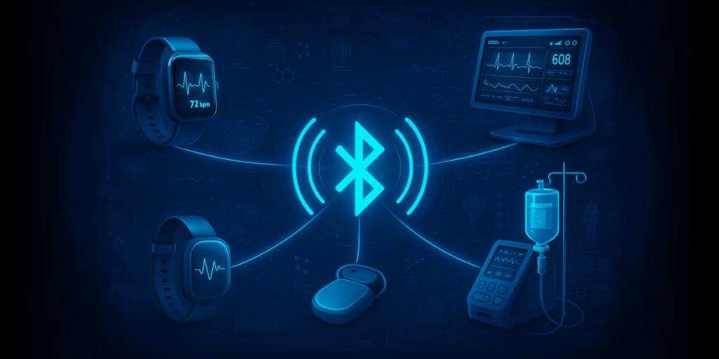 Illustrazione futuristica di un network medicale IoT con un grande simbolo bluetooth al centro che irradia onde luminose e collega smartwatch ECG, sensore impiantabile e monitor ospedalieri tramite linee dati, in un’atmosfera ciber-medicale blu.