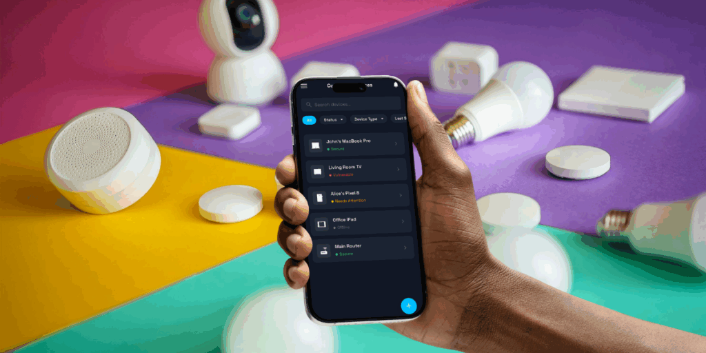 Mano che tiene uno smartphone con un’app di gestione dei dispositivi IoT, che mostra vari device domestici bluetooth con stati come ‘vulnerabile’, ‘attenzione’ e ‘offline’; sullo sfondo diversi dispositivi smart come lampadine intelligenti, sensori e una videocamera, disposti su superfici colorate.