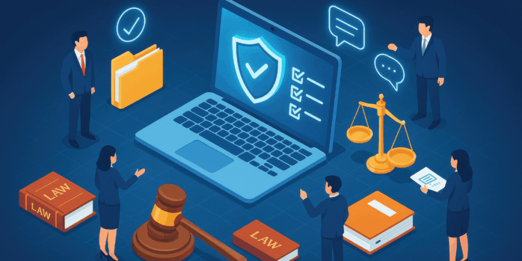 Illustrazione isometrica di professionisti attorno a un laptop con scudo di sicurezza, simboli legali e documenti, a rappresentare cybersecurity, compliance normativa e governance aziendale anche in riferimento al credito.