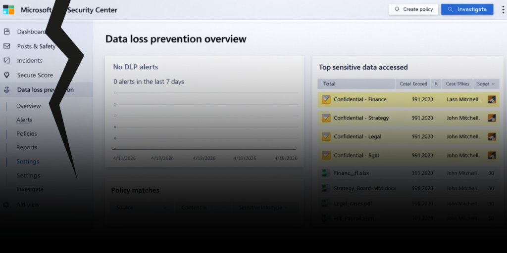 Dashboard di sicurezza Microsoft 365 con Data Loss Prevention attivo ma senza alert, mentre dati sensibili aziendali risultano accessibili, a rappresentare il fallimento dei controlli di sicurezza e un potenziale data breach invisibile.