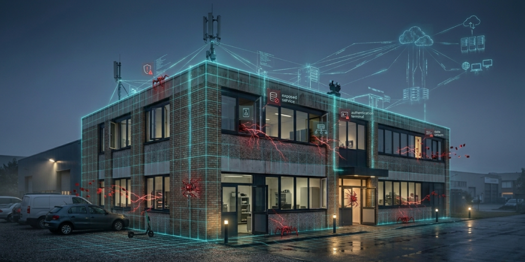 Foto realistica di una PMI con connessioni cloud e vulnerabilità aperte, mentre intrusioni cyber entrano da porte e finestre, rappresentando il ruolo fondamentale di un AI che difende il perimetro digitale aziendale.