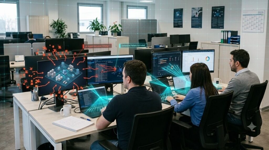 Team di specialisti cyber al lavoro in ufficio su più monitor, con overlay grafici che mostrano agenti AI offensivi, vettori di attacco e linee di difesa per rappresentare la cybersecurity continua.