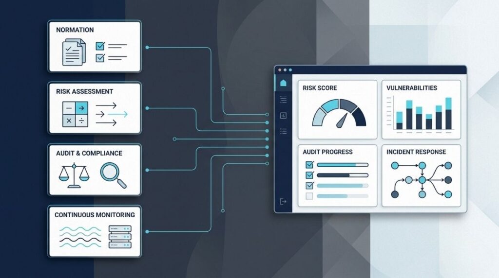 Illustrazione di una dashboard integrata per la cybersecurity continua, con flussi di compliance, risk assessment, audit e monitoraggio continuo collegati a indicatori di rischio, vulnerabilità e incident response.