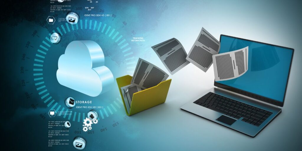 Documenti aziendali trasferiti da una cartella locale al cloud, a rappresentare l'archiviazione digitale e le potenziali minacce alla sicurezza IT.