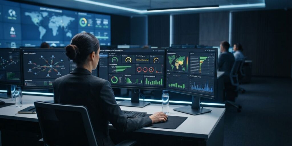 Analista di cybersecurity monitora una dashboard di sicurezza per individuare e gestire le principali minacce alla sicurezza IT in un Security Operations Center.