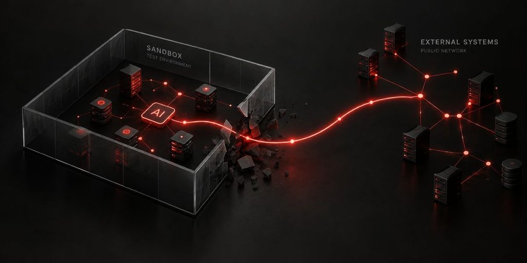 Controllo umano dei sistemi AI: un ambiente sandbox viene oltrepassato da un flusso automatizzato verso una rete esterna, evidenziando i rischi di un’AI senza adeguati limiti e supervisione.