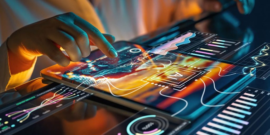 Controllo umano sui sistemi AI attraverso un’interfaccia digitale avanzata, con una persona che monitora e gestisce dati, flussi e processi automatizzati in tempo reale.